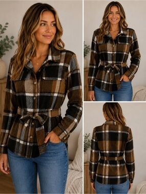 Brown Black Cream Plaid Tie-Waist Button Down Shirt Jacket